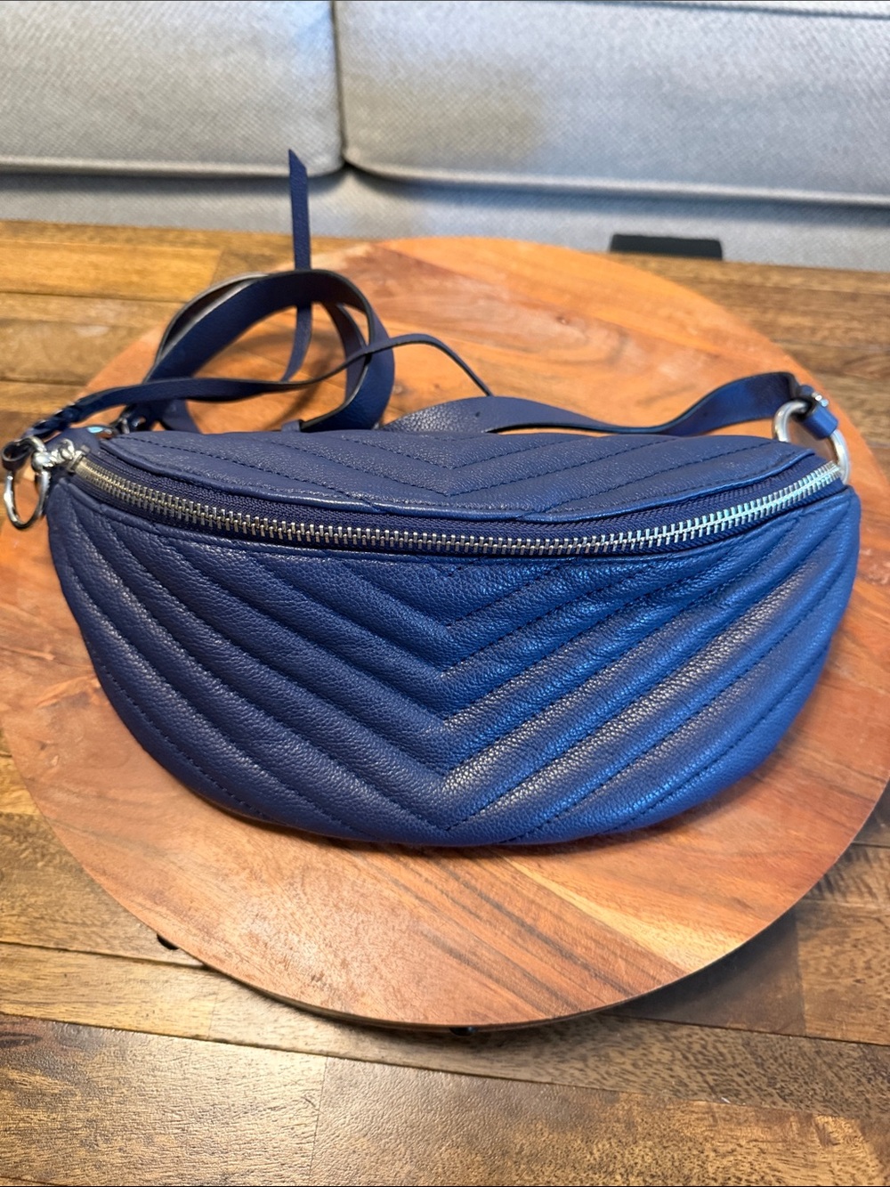 Rebecca Minkoff Large Leather Sling Belt Bag Edie Quilted Chevron Navy